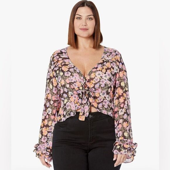 Free People Maybel Blouse Top Shirt Tie-up Floral Black Combo Large L NWT - Picture 5 of 12